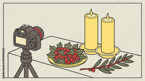 A festive holiday scene set up with a camera on a tripod.