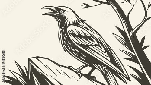 A Graphic Illustration of a Screeching Bird Perched On Rock Vector Art.