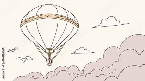 A hot air balloon floating through clouds whimsical illustration.