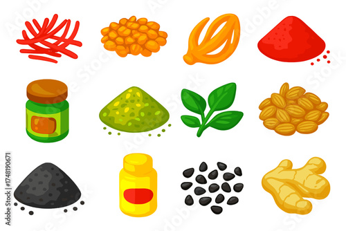 Exotic Spice Icons. Isometric vector illustration set Exotic spices: saffron threads, fenugreek seeds, mace blade, sumac powder,