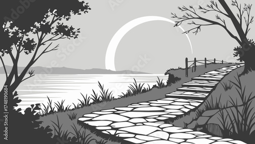 A grayscale illustration of a serene path leading to a scenic view.