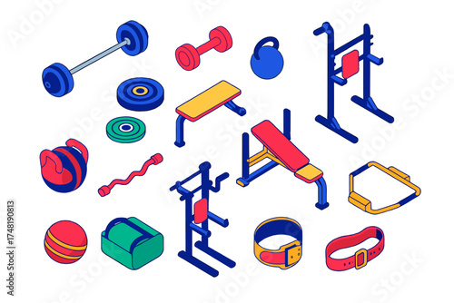 Strength Training Icons. Isometric vector illustration set Strength training: barbell, dumbbell, kettlebell, weight plates, squat