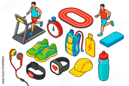 Running Gear Icons. Isometric vector illustration set Running fitness: treadmill run, outdoor track, running shoes, stopwatch,
