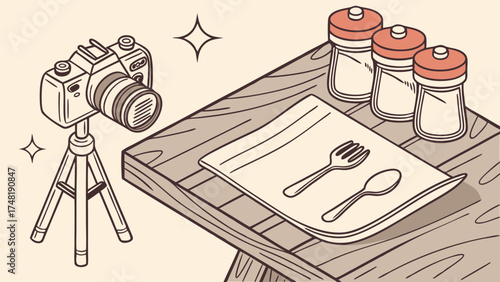 A photography setup for food with a camera on a tripod cutlery and seasonings.