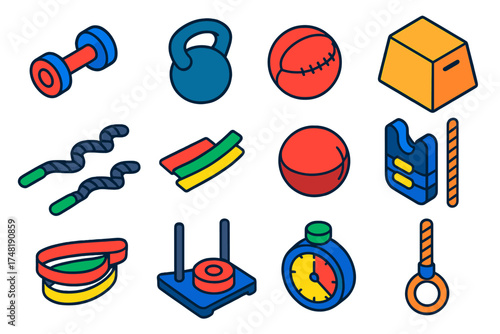 Cross Training Equipment Icons. Isometric vector illustration set Cross training: dumbbell, kettlebell, medicine ball, plyo box,