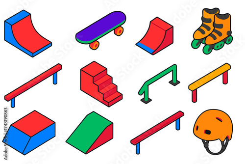 Colorful Skatepark Icons. Isometric vector illustration set Skatepark elements: half pipe ramp, skateboard, rollerblades, grind