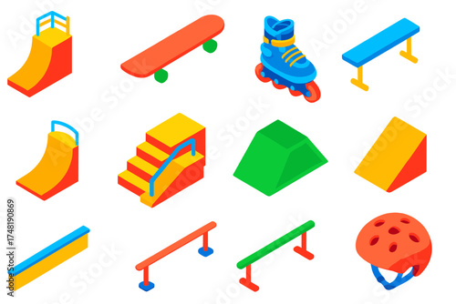 Colorful Skatepark Icons. Isometric vector illustration set Skatepark elements: half pipe ramp, skateboard, rollerblades, grind