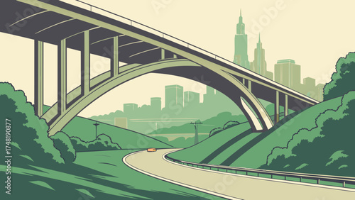 A Retro-Style Illustration of a Highway Bridge with City Skyline in the Background.