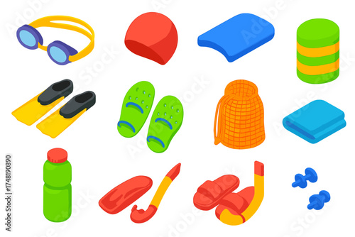 Colorful Pool Accessories. Isometric vector illustration set Pool accessories: goggles pair, swim cap, kickboard, fins, paddles,