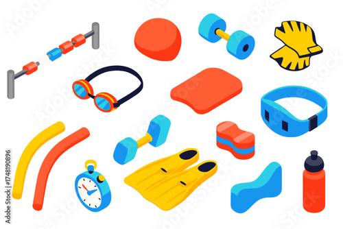 Aquatic Fitness Essentials. Isometric vector illustration set Aquatic fitness: swimming pool lane, goggles, swim cap, aqua