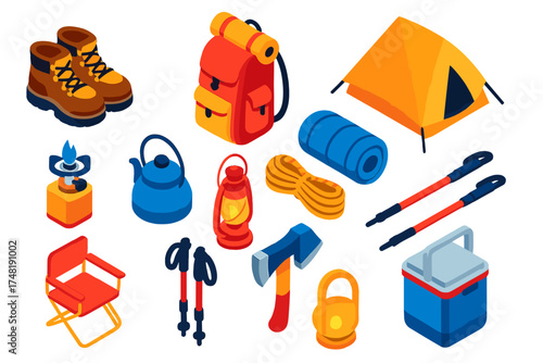 Vibrant Camping Gear Icons. Isometric vector illustration set Camping gear: hiking boots, rucksack, tent, sleeping bag, camp stove