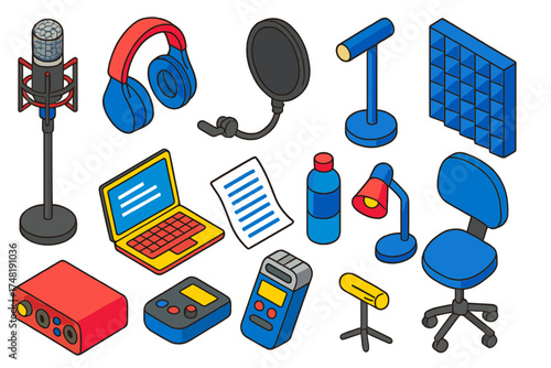 Voiceover Booth Essentials. Isometric vector illustration set Voiceover booth: condenser mic, headphones, pop filter, shock mount,