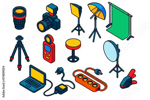 Studio Equipment Icons. Isometric vector illustration set Digital nomad gear: laptop, portable keyboard, travel mouse, foldable