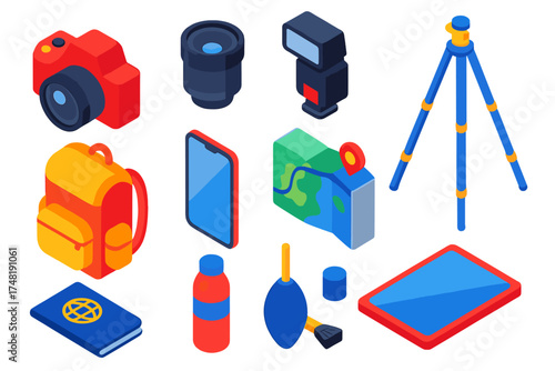 Travel Photography Essentials. Isometric vector illustration set Travel photography kit: compact camera, interchangeable lens,