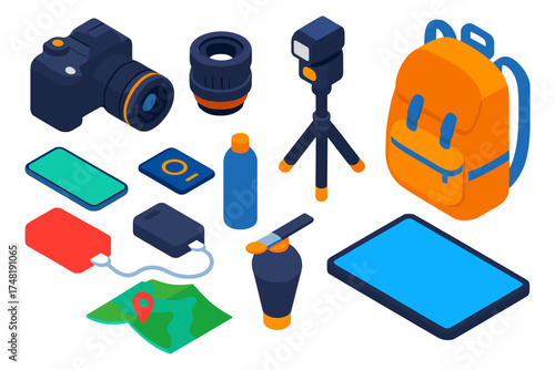 Travel Photography Essentials. Isometric vector illustration set Travel photography kit: compact camera, interchangeable lens,