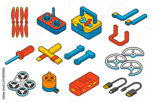 Drone Maintenance Essentials. Isometric vector illustration set Drone exploration: foldable drone, propellers, remote controller,
