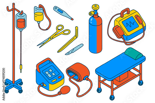 Colorful Hospital Supplies. Isometric vector illustration set Hospital supplies: IV stand, infusion bag, saline solution, drip