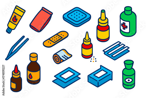 Emergency Wound Care Essentials. Isometric vector illustration set Emergency wound care: burn ointment, cooling gel, sterile gauze