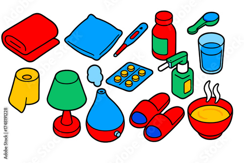 Recovery Essentials Icons. Isometric vector illustration set Recovery essentials: blanket, pillow, thermometer, glass of water,