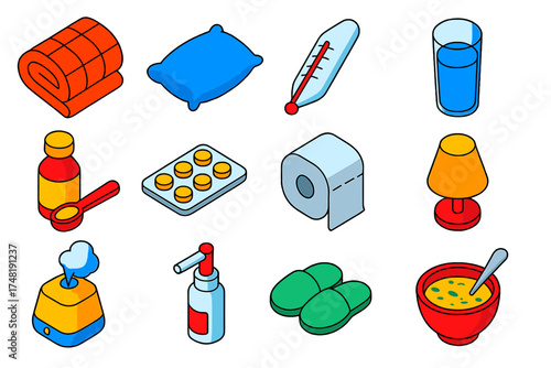 Recovery Essentials Icons. Isometric vector illustration set Recovery essentials: blanket, pillow, thermometer, glass of water,
