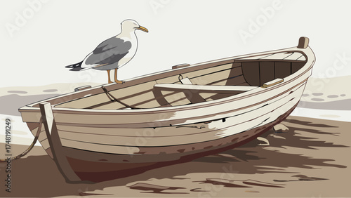 A stylized illustration of a boat with a seagull representing travel vacations or serenity.