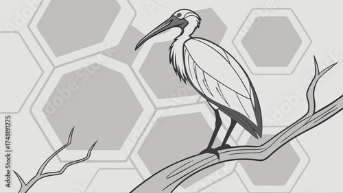A stylized illustration of a bird perched on a branch in grayscale.