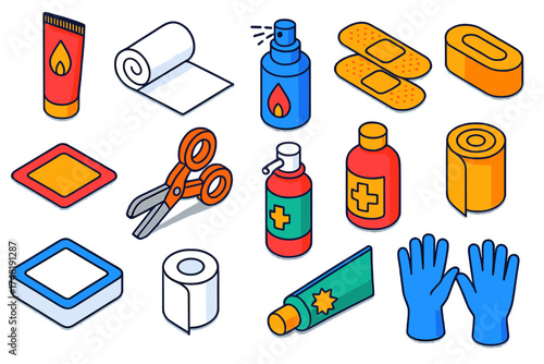 Burn Treatment Essentials. Isometric vector illustration set Burn and wound treatment: burn cream tube, sterile gauze roll, wound