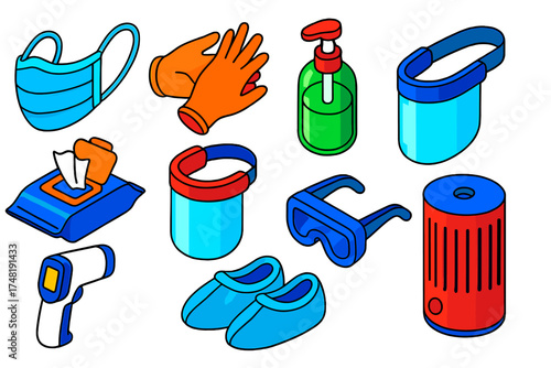 Pandemic Essentials Icons. Isometric vector illustration set Pandemic essentials: medical mask, disposable gloves, sanitizer
