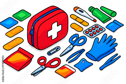 Travel First Aid Kit. Isometric vector illustration set Travel first aid kit: compact red bag, antiseptic wipes, band-aids,
