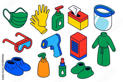 Pandemic Essentials Icons. Isometric vector illustration set Pandemic essentials: medical mask, disposable gloves, sanitizer