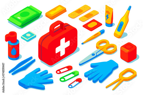 Travel First Aid Kit. Isometric vector illustration set Travel first aid kit: compact red bag, antiseptic wipes, band-aids,