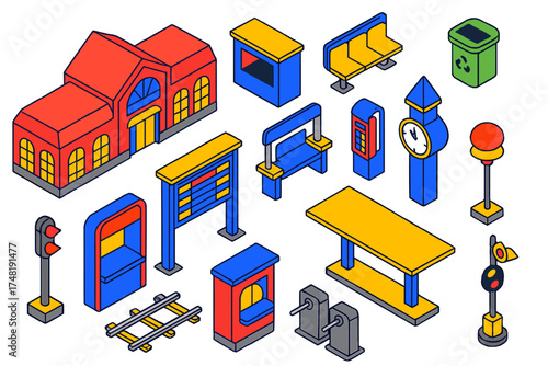 Train Station Icons. Isometric vector illustration set Train station elements: station building, ticket counter, waiting chair,