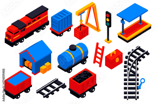 Freight Railway Icons. Isometric vector illustration set Freight railway: cargo train, container wagon, rail yard, crane, platform