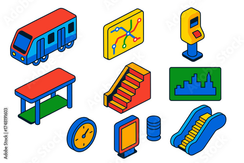 Commuter Metro Icons. Isometric vector illustration set Commuter metro: subway coach, metro map, ticket validator, platform