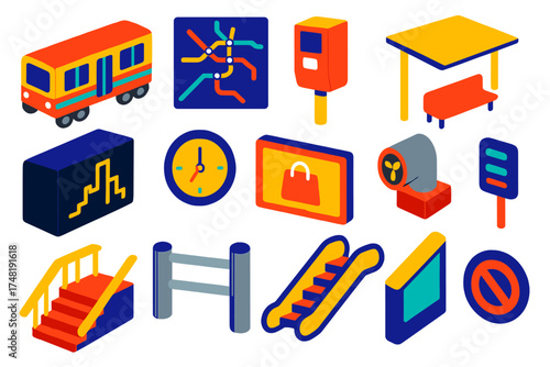 Commuter Metro Icons. Isometric vector illustration set Commuter metro: subway coach, metro map, ticket validator, platform