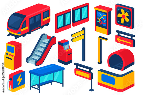 Modern Metro Icons. Isometric vector illustration set Modern metro design: driverless train, platform screen doors, interactive