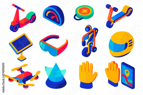 Future Mobility Icons. Isometric vector illustration set Future mobility: futuristic scooter, digital speedometer, wireless