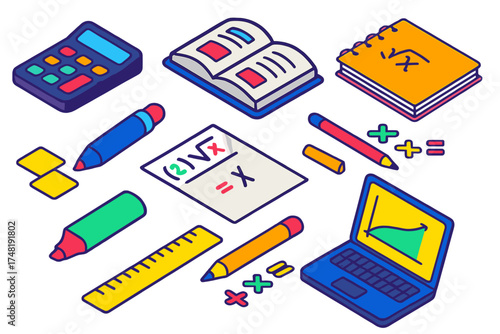 Algebra Study Essentials. Isometric vector illustration set Algebra practice: calculator, open textbook, notebook, equation sheet,
