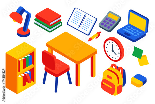 Vibrant Study Desk. Isometric vector illustration set Library study desk: desk lamp, stack of textbooks, notebook, pen, calculator