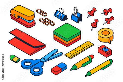 Vibrant Stationery Icons. Isometric vector illustration set Stationery kit: stapler, paperclips, binder clips, push pins, folder,