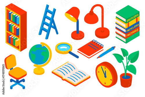Knowledge Corner Elements. Isometric vector illustration set Knowledge corner: bookshelf, ladder, reading lamp, stack of
