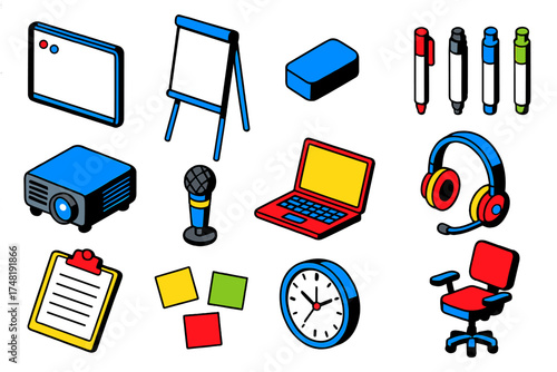 Workshop Tools Icons. Isometric vector illustration set Workshop training: whiteboard, flip chart, eraser, marker pens, projector,