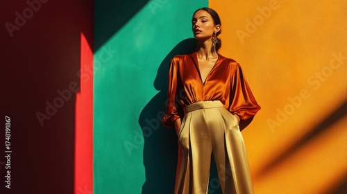 Woman in fashionable attire posing against a colorful background