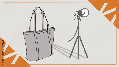 Abstract design featuring tote bag and photography equipment.