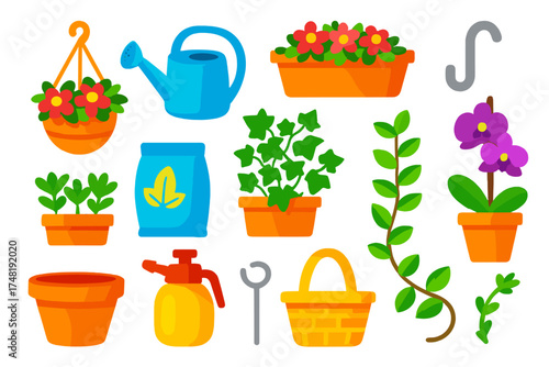 Colorful Balcony Plants. Isometric vector illustration set Balcony Plants: hanging flower pot, plastic watering can, balcony
