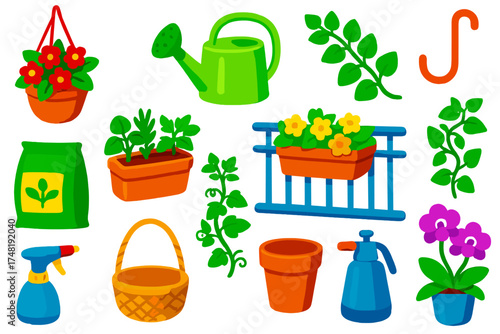 Colorful Balcony Plants. Isometric vector illustration set Balcony Plants: hanging flower pot, plastic watering can, balcony