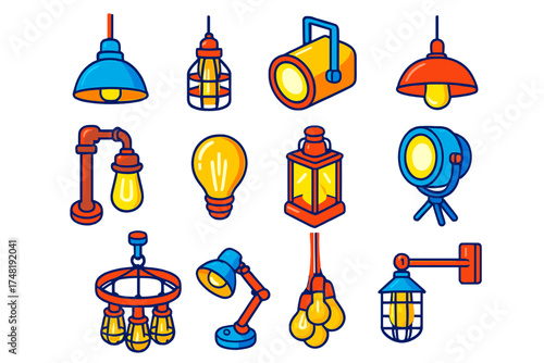 Vibrant Industrial Lamps. Isometric vector illustration set Industrial Lights: metal shade lamp, cage bulb, warehouse spotlight,
