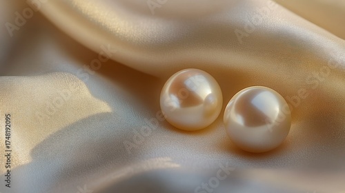 Two pearls on beige satin fabric