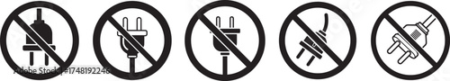 No Plug Power Symbol Set, Unplug Electricity Ban Warning Icon Vector Illustration