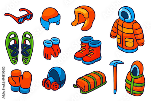 Arctic Expedition Gear. Isometric vector illustration set Arctic Expedition Gear: protective sunglasses, insulated hat, fur scarf,